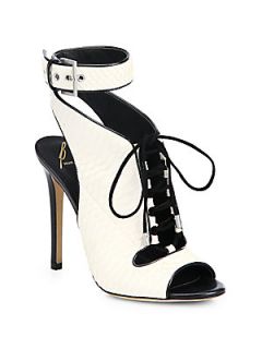 B Brian Atwood Snakeskin Open Toe Lace Up Ankle Boots   White Black
