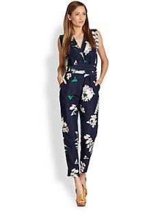 Whit Palm Silk & Linen Printed Jumpsuit   Navy