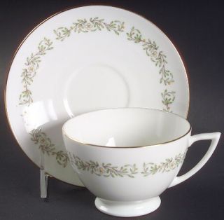 Minton April Footed Cup & Saucer Set, Fine China Dinnerware   Band Of Green Leav