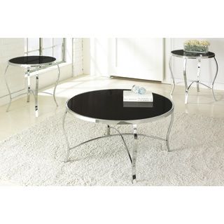 Brinkley 3 piece Table Set (Chrome, tempered glassQuantity One coffee table, two (2) end tablesShiny chrome finished frame with arched cross stretchersBlack tinted, tempered glass insertsRound tables feature a contemporary designCurved legs add styleFloo