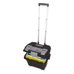 Storex Premium File Cart (BlackModel 61507U01C DimensionsL 16.375 inches wide x 15 inches high x 17 inches deepWeight 9.85 poundsMaterials Metal, plastic Made from 25 percent post consumer recycled materialsFeaturesSnap lidTwo 3.5 inch rubberized wheel