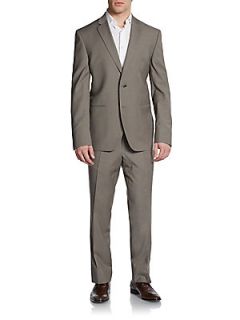 Thin Striped Extra Trim Fit Wool Suit   Tan