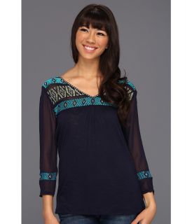 Lucky Brand Maybelle Embroidered Top Womens Long Sleeve Pullover (Navy)