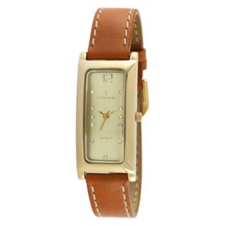 Peugeot Womens Rectangle Crystal Marker Leather Strap Watch   Gold/Tan
