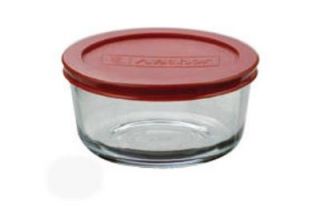 Anchor 2 cup Round Kitchen Storage Container w/ Red Polyethylene Lid, Glass