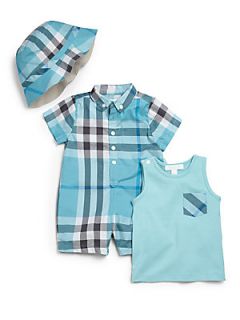 Burberry Infants Three Piece Check Playsuit, Tank & Sun Hat Gift Set   Turquois