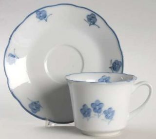 Cordon Bleu Cob2 Flat Cup & Saucer Set, Fine China Dinnerware   Blue Flowers, Bl
