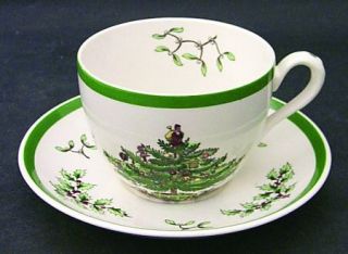 Spode Christmas Tree (Green Trim) Flat Cup & Saucer Set, Fine China Dinnerware  