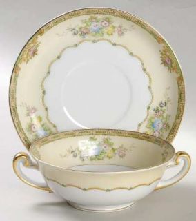 Meito Woodbine Footed Cream Soup Bowl & Saucer Set, Fine China Dinnerware   Gree