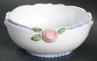 Porta Cottage Rose Coupe Cereal Bowl, Fine China Dinnerware   Blue Band, Pink Fl