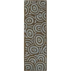 Hand tufted Contemporary Blue/brown Circles Painterly Brown New Zealand Wool Abstract Rug (26 X 8)