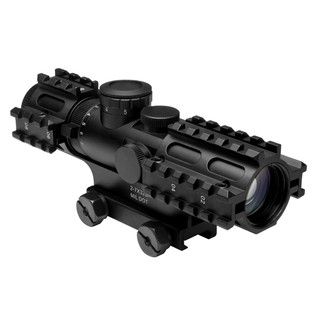 Ncstar Tri rail 2 7 X 32 Mil dot Compact Scope (BlackMagnification 2 7xObjective diameter 32 mmField of view 38.3 12.7 feet @ 100 yardsExit pupil 16 4.6mmEye relief 3Lens coating GreenRequires batteries 1 SEC3RSP3942G LithiumBody material Aluminum