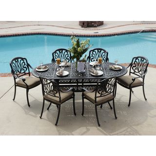 Rosedown Bronze Cast Aluminum 7 piece Patio Furniture Set (Antiqued bronzeMaterials Cast aluminum Finish Powder coatCushions includedWeather resistantUV protectionAdjustable legs/back YesWeight capacity 310 pounds per chairWeight 295DimensionsDining