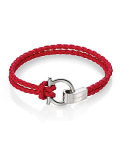 Salvatore Ferragamo Braided Leather Gancini Bracelet   Crimson