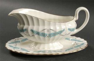 Royal Worcester Ferncroft Turquoise Gravy Boat with Attached Underplate, Fine Ch