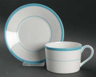 Coalport Amalfi Flat Cup & Saucer Set, Fine China Dinnerware   Aqua Blue Band &