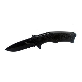 Spring assisted 8 inch Black Blade Folding Knife (BlackBlade materials Stainless steelHandle materials MetalOverall length 8 inchesBlade length 3.5 inchesHandle length 4.5 inchesWeight 0.7 ounceDimensions 8 inches high x 4 inches wide x 2 inches de