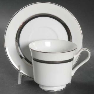 Mikasa Wedding Ring Footed Cup & Saucer Set, Fine China Dinnerware   Silver & Bl