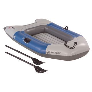 Sevylor Colossus 2 person Boat With Oars (Blue/grey Dimensions Inflated dimensions 7 feet long x 3 feet wide x 11 inchesWeight approximately 7.5 pounds Two oars included, specially designed for easier rowingTwo oarlocks keep oars in place even when you