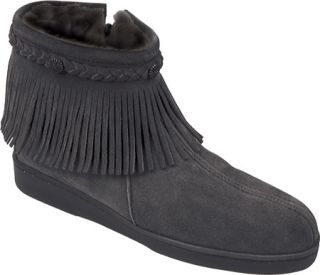 Womens Minnetonka Sheepskin Side Zip Fringe Boot   Black Sheepskin Boots