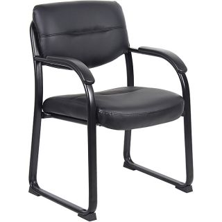 Boss Leatherplus Guest Chair (BlackBlack finished legsUpholstered in LeatherPlusLeather infused with polyurethane for added softness and durabilityThick contoured cushions for added comfort support Curved arms with padded arm rests Moves smoothly over har
