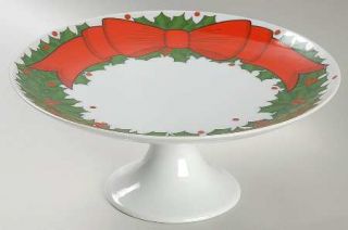 Fitz & Floyd Holly Wreath Footed Cake Plate, Fine China Dinnerware   Green Holly