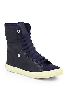 Tory Burch Caspe Leather & Suede High Top Sneakers   Bright Navy
