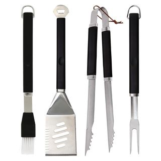 Mr. Bar b q 4 piece Plastic Finger Grip Tool Set (Stainless SteelDimensions 18.5 inches long x 8.5 inches wide x 2.5 inches deep)