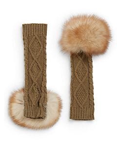 Fox Fur Cable Knit Fingerless Mittens   Loden