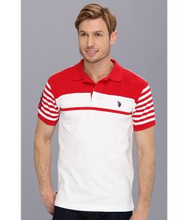 U.S. Polo Assn Slim Fit Chest Stripe Polo with Small Pony Mens Short Sleeve Pullover (Red)