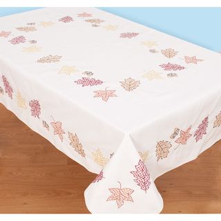 Stamped White Table Cloth 50x70 fall Leaves (White, purpleModel 551 492Materials 50 percent cotton/50 percent polyesterDimensions 50 inches high x 70 inches wide  )