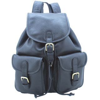 Leatherbay Black 17 inch Leather Backpack (BlackMaterial Full grain premium durable soft cow leatherTwo (2) large pockets on the outside with bucklesLeather is naturally tumbled for unique soft touch Large enough to carry most laptops Draw string with st