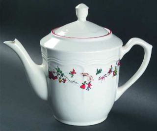 Farberware White Christmas Tea/Coffee Pot & Lid, Fine China Dinnerware   Red Bar
