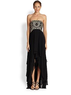 Sue Wong Embroidered Bodice Chiffon High Low Gown   Black