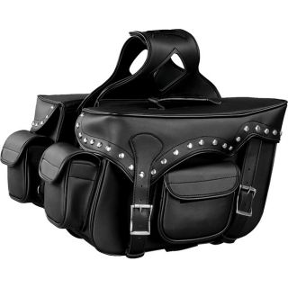 Raider Large Black Studded Motorcycle Saddle Bags (BlackTwo (2) strap zip off bagsChrome plated brass buckles and studsOne (1) front and one (1) side pocketFine braid detailsHeat resistant bottomMaterials Synthetic leatherDimensions 10 inches high x 16 