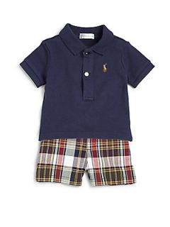 Ralph Lauren Infants Two Piece Polo Shirt & Plaid Shorts Set   Navy 