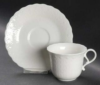 Mikasa White Silk Flat Cup & Saucer Set, Fine China Dinnerware   All White,Embos