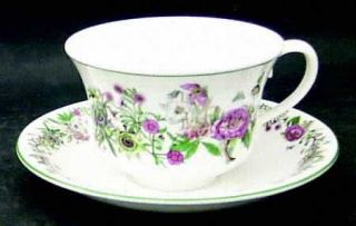 Portmeirion Summer Garland Flat Cup & Saucer Set, Fine China Dinnerware   Flower