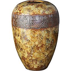 Raku With Bronze Embossed Emblem Ceramic Vase (Raku greenMaterials CeramicPattern Old world styleFunctional vaseHolds water Dimensions 14 inches x 18 inches )