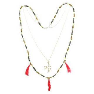 Womens Double Strand Necklace with Wood/Seed Beads and Open Bird Charm  