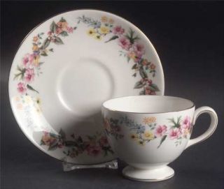 Wedgwood Downland (Gold Trim) Footed Cup & Saucer Set, Fine China Dinnerware   G