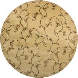 Hand knotted Mandara Gold New Zealand Wool Floral Rug (79 Round)