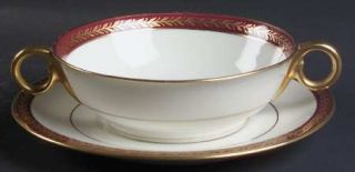 Haviland Lauria Red Footed Cream Soup Bowl & Saucer Set, Fine China Dinnerware  