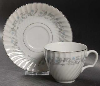Mikasa Vanessa Flat Cup & Saucer Set, Fine China Dinnerware   Blue Flowers, Gray