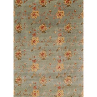 Hand knotted Floral Sea Blue Wool/ Art silk Rug (8 X 11)