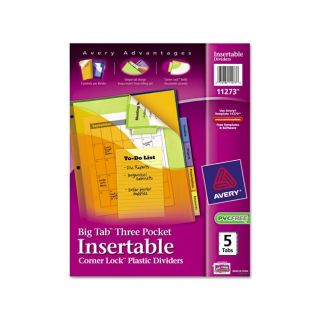 Insertable 3 pocket/ 5 tab Divider With Corner Lock (AssortedIndex divider style 5 tabQuantity Five (5) tabs, three (3) pocketsIndex divider size 11 inches long x 8.5 inches wide Weight 6 ouncesModel AVE11273Machine compatibility Inkjet Printers, La
