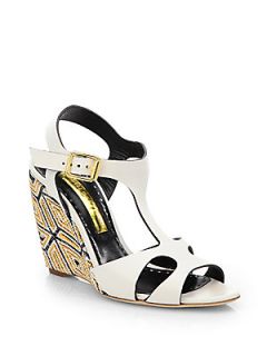 Rupert Sanderson Mitzy Leather Woven Wedge Sandals   White