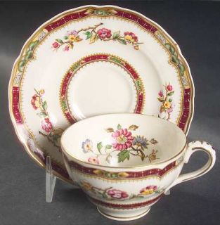 Grindley Connaught Flat Cup & Saucer Set, Fine China Dinnerware   Floral, Maroon