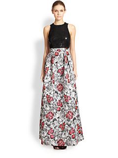 Kay Unger Sequin Bodice Printed Gown   Black