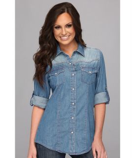 Cruel Chambray W/ Pink Top Stitch Womens Long Sleeve Button Up (Blue)